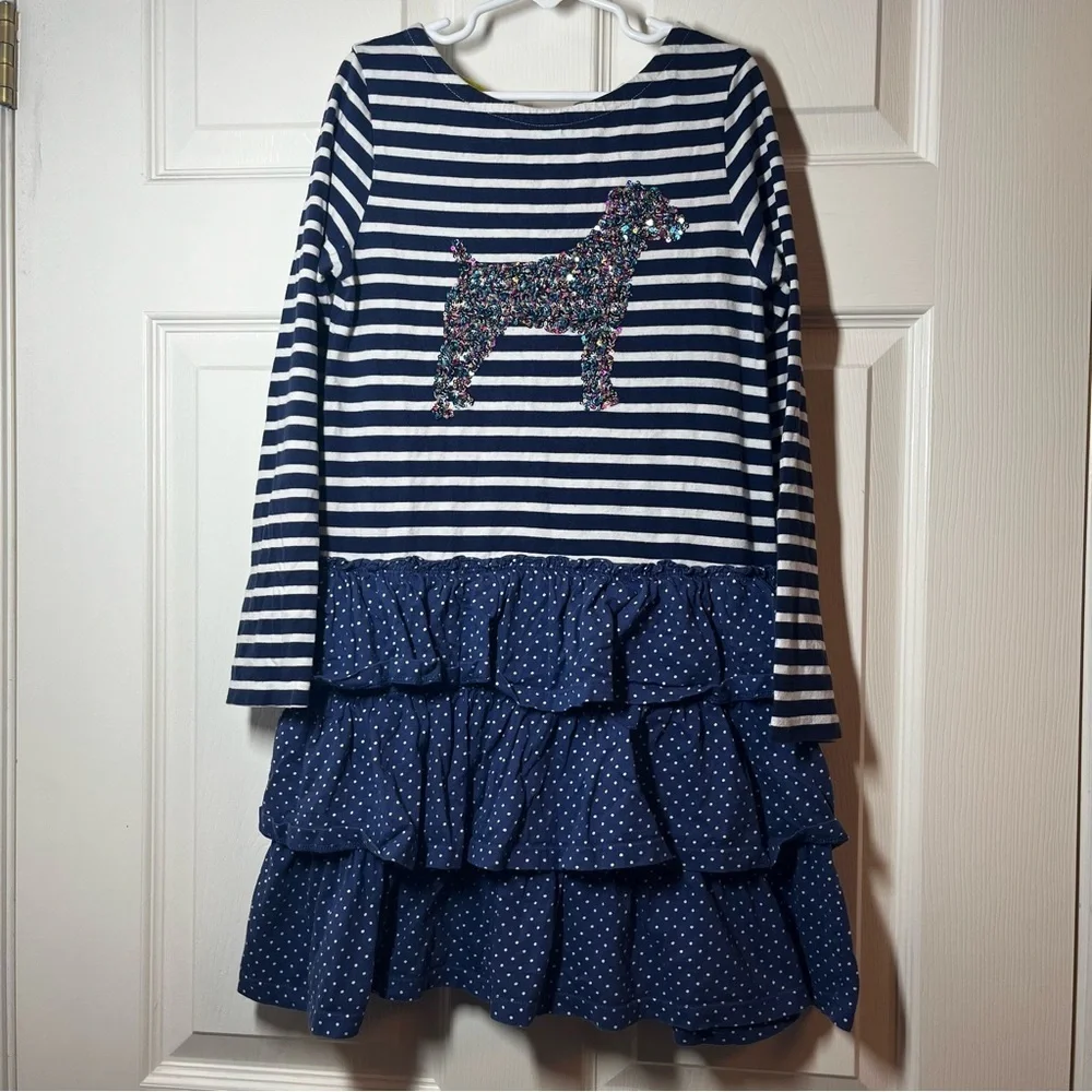 Mini Boden Navy Striped and Polka Dot Kids Dress Sequin Dog Design Size 9-10 Y